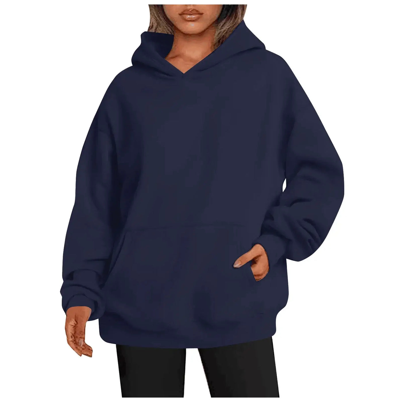 Womens hoodies with pockets big in navy blue featuring an oversized fit for comfort and style.