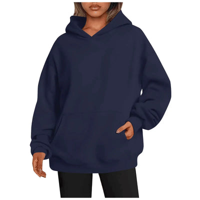 Womens hoodies with pockets big in navy blue featuring an oversized fit for comfort and style.