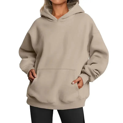womens hoodies with pockets big in a stylish beige color, perfect for comfort and casual wear.